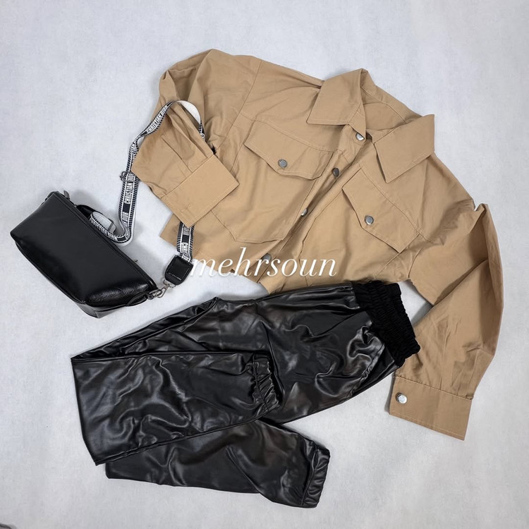ست کراپ کت بارونی و شلوار چرم